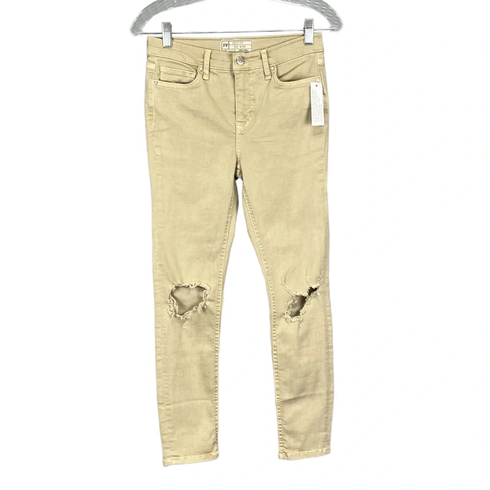 Free People Womens High Rise Busted Distressed Skinny Jeans Khaki Tan size 26